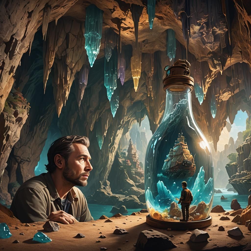 Ship in a Bottle in Cave, Hyperrealistic Concept Art