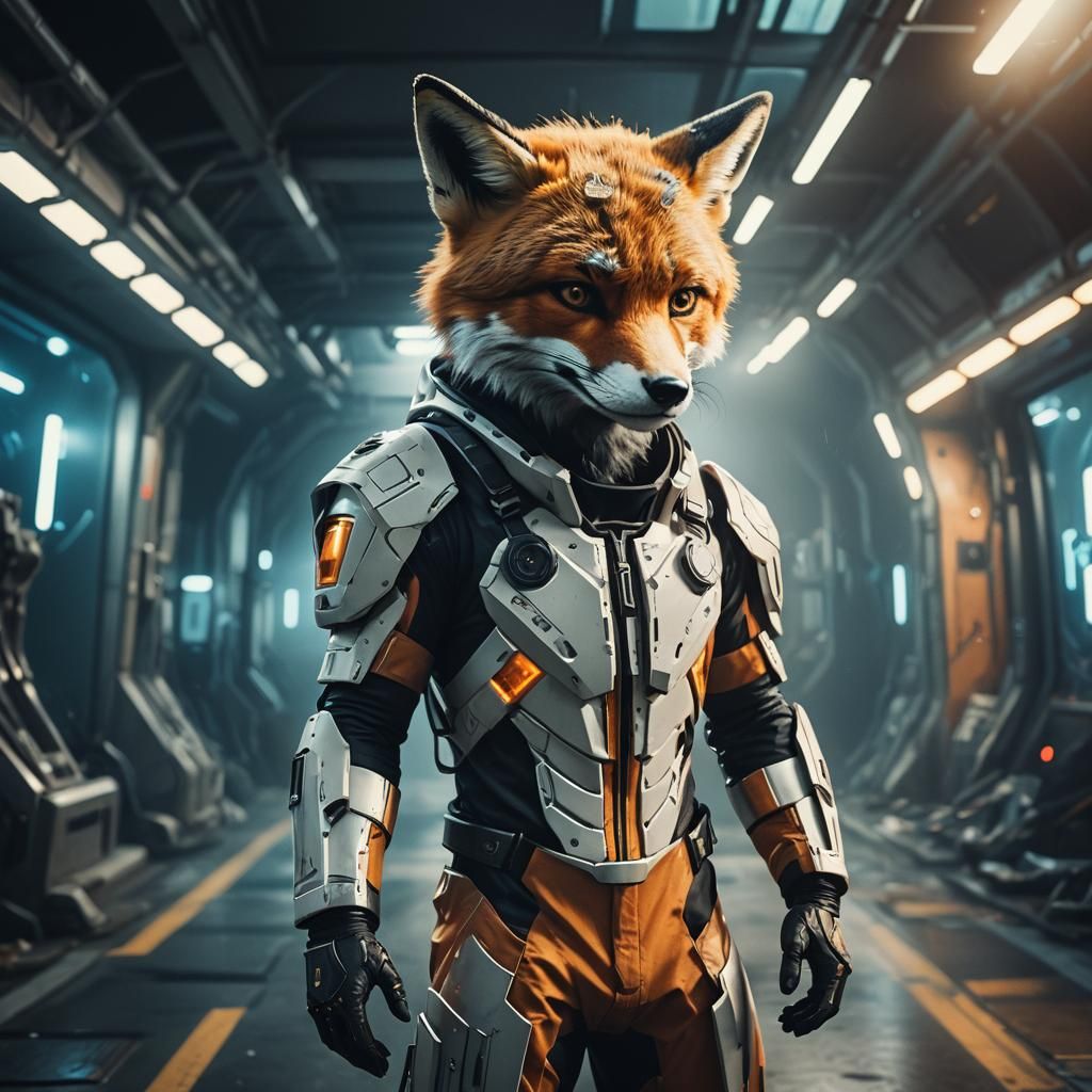 Fox in Futuristic Hooded Suit: Cinematic Film Still