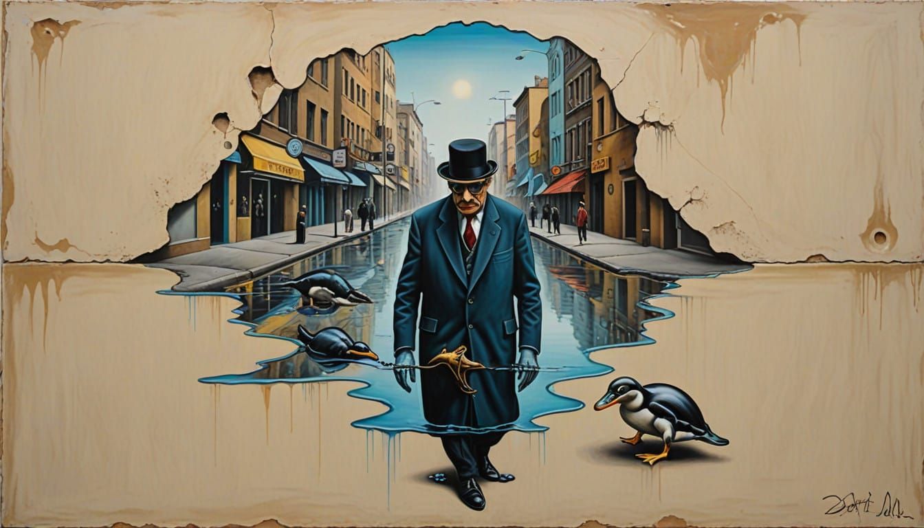 Surreal Urban Platypus Confronts Melting Penguin in Dali-Ins...