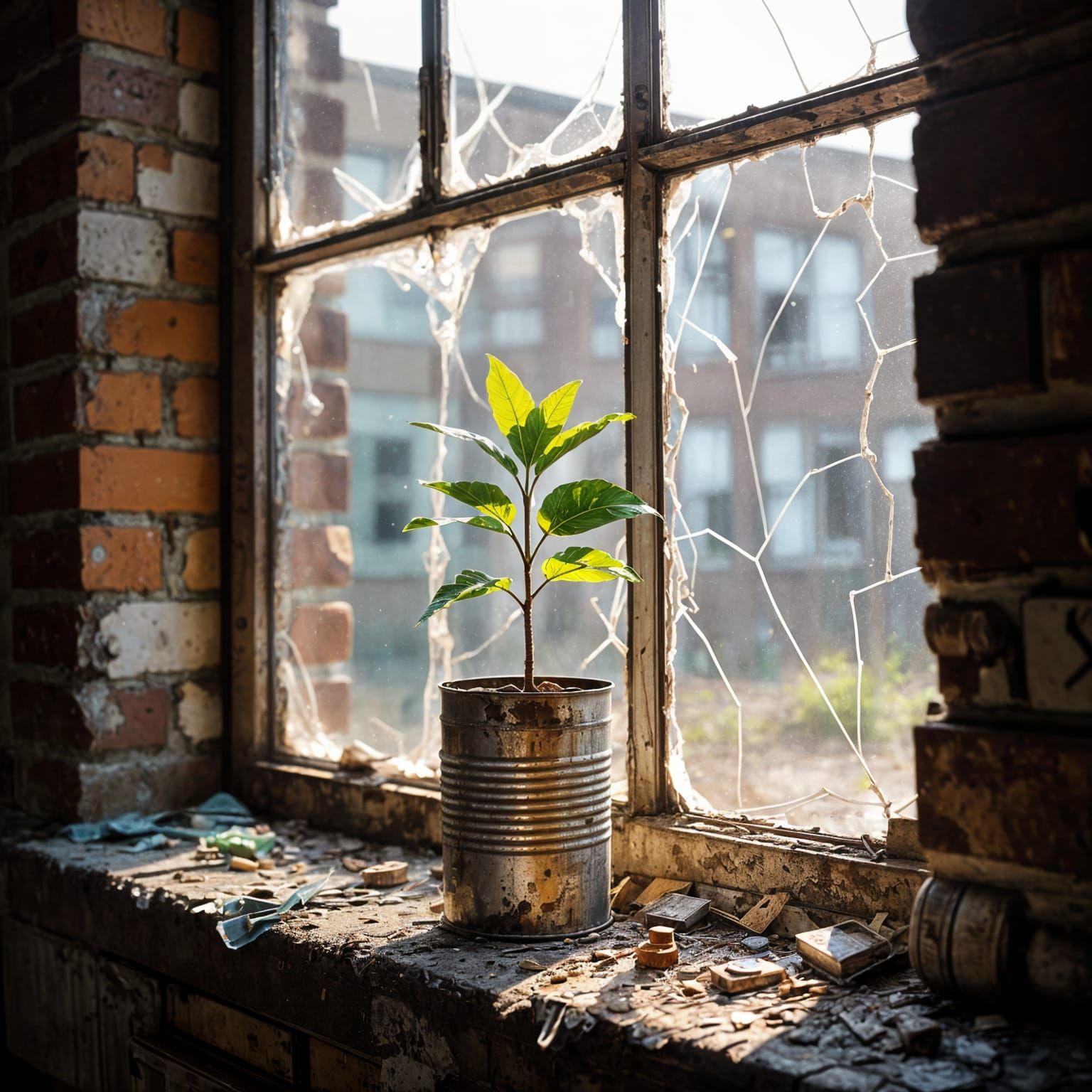 Palm Tree Sprouts in Abandoned Factory: Hyperrealistic Art