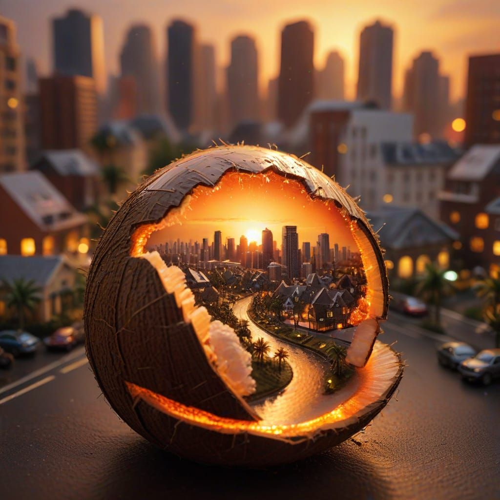 Miniature Sunset City Inside a Coconut in Oil Painting Reali...