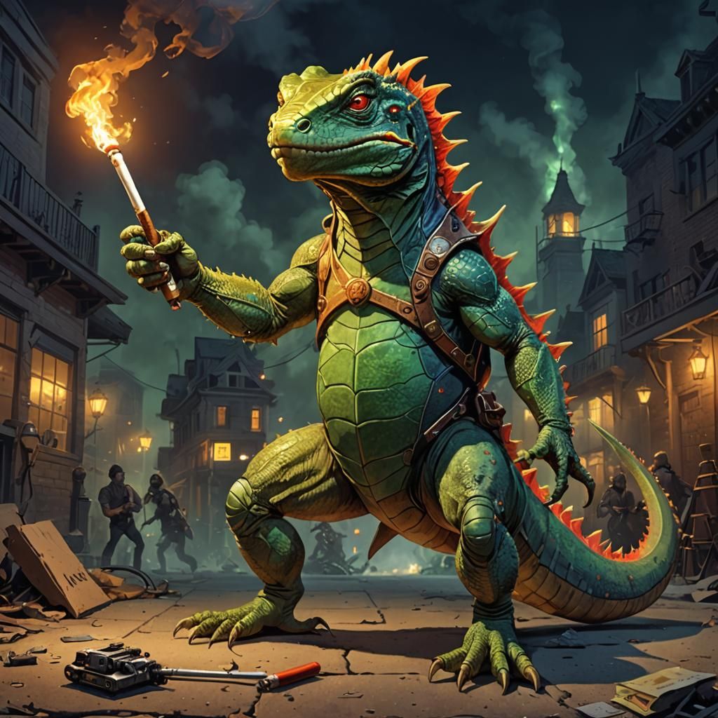 Giant Lizard Warrior with Torchlight