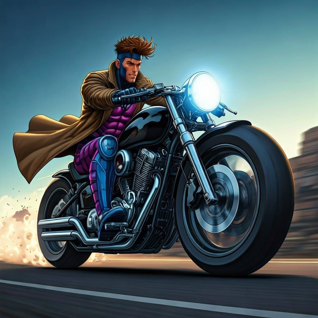 X-Man Gambit Speeds Down a City Road on a Chrome Motorcycle