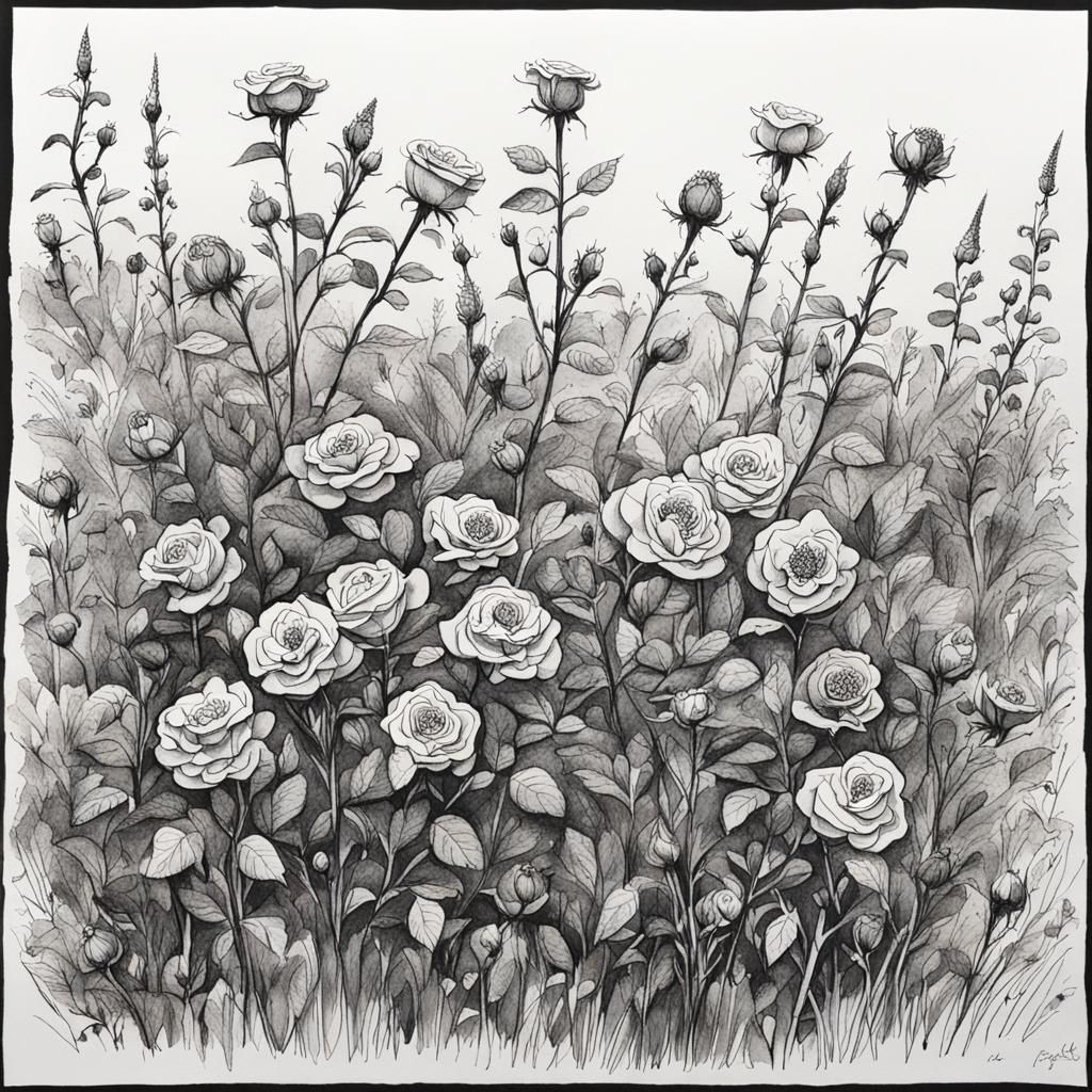 Ink Drawing of a Rose Bush in Wildflower Field
