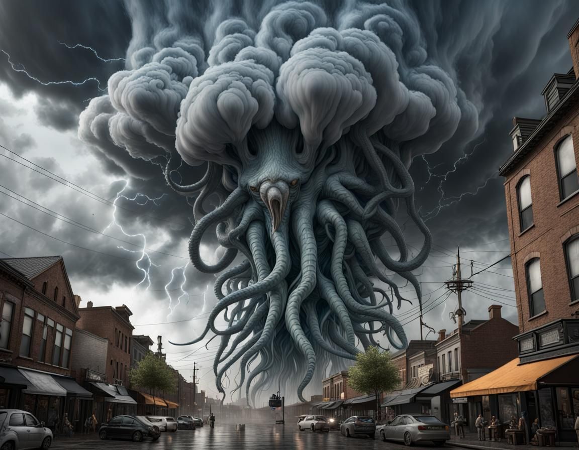 Detailed Kraken in Vapor Thunderstorm Street Art