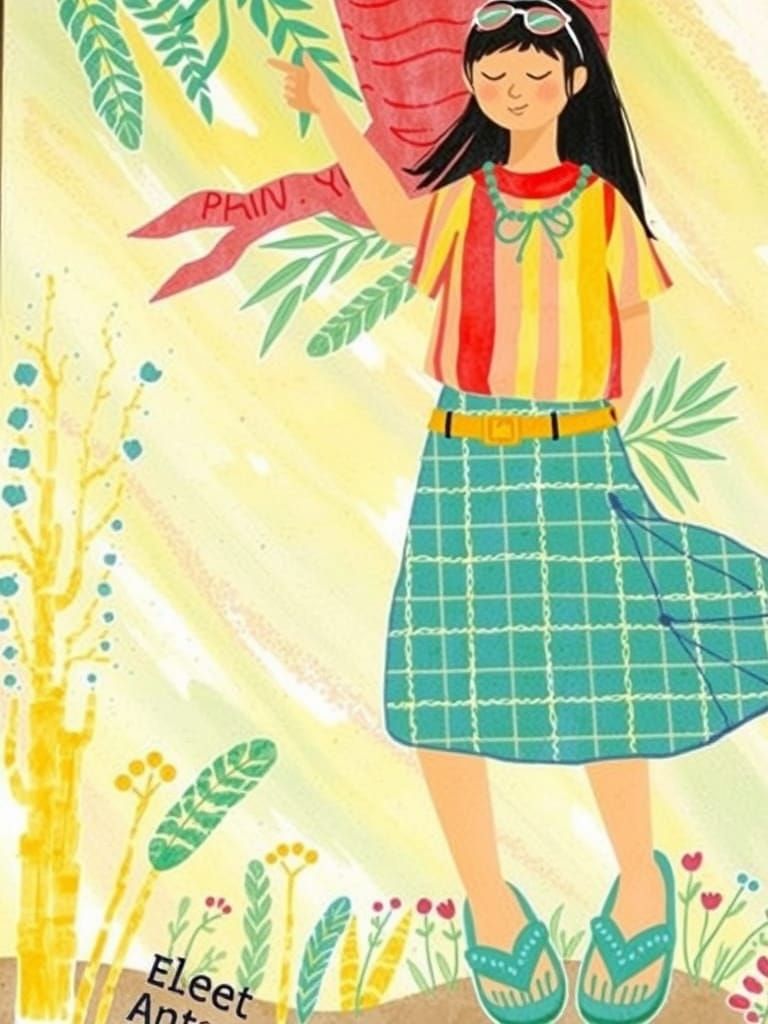 Blind Girl Reaches for Tree Branches in Beach Sandals