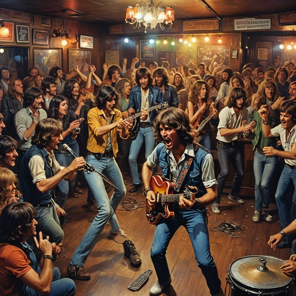 Rock Band Plays to Dancing Crowd in 1970s Bar