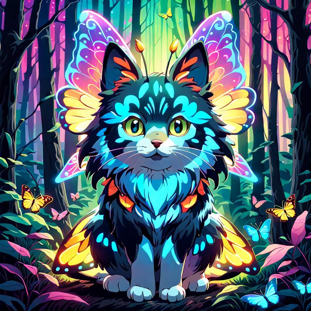 Psychedelic Neon Pet with Butterfly Wings in Vaporwave Style