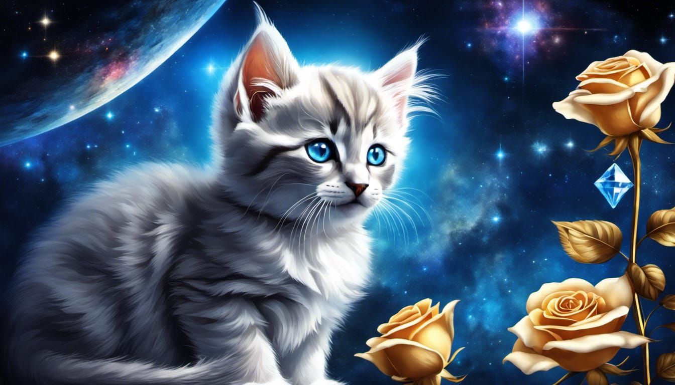 Blue Kitten with Crown in Space, Digital Painting