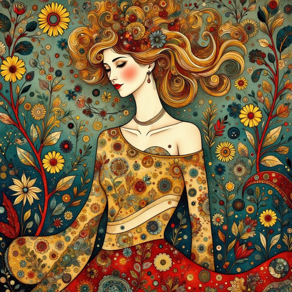 Ocean Goddess in Gold, Teal, and Crimson, Klimt Style