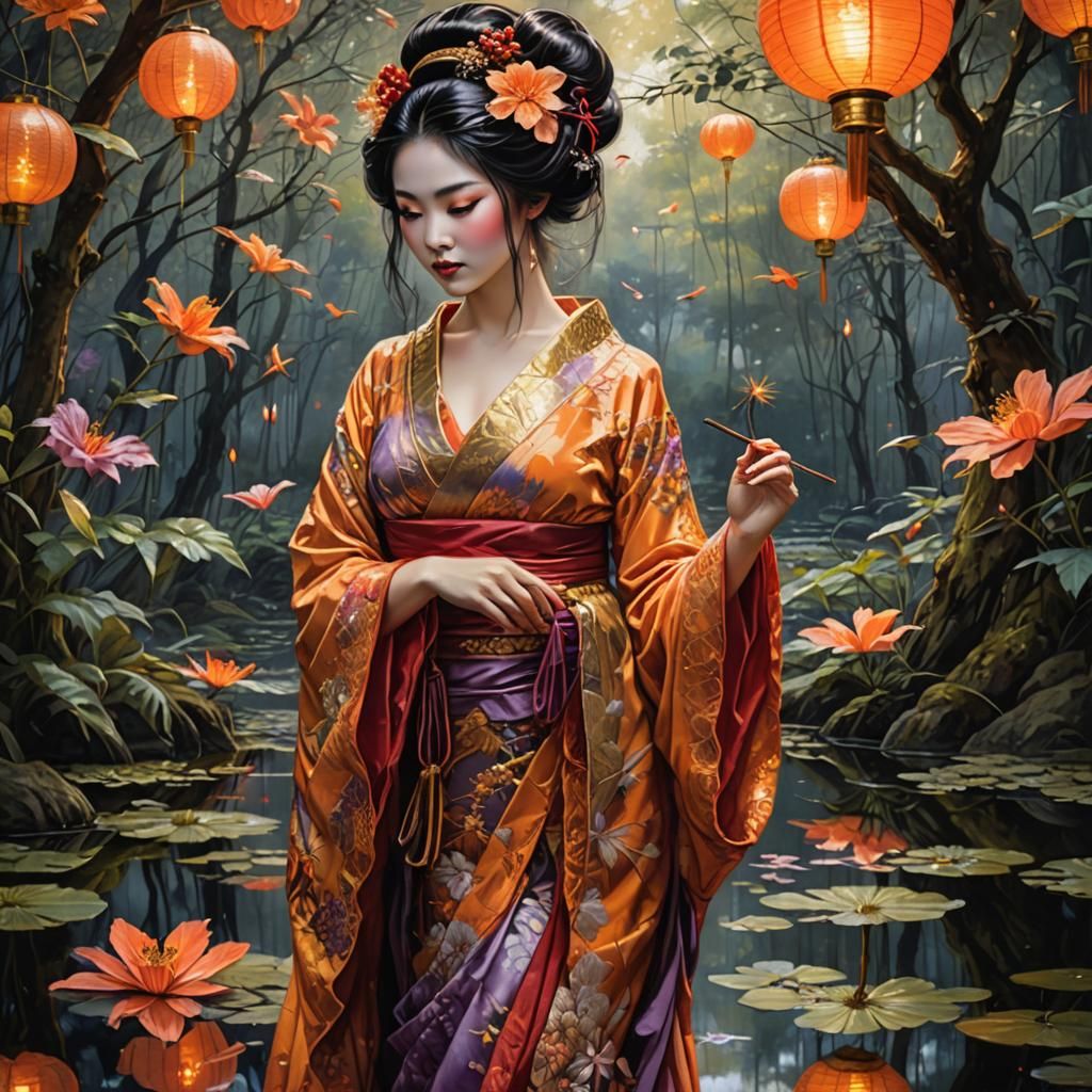 Geisha in Mirrored Reflection with Hibiscus Pond