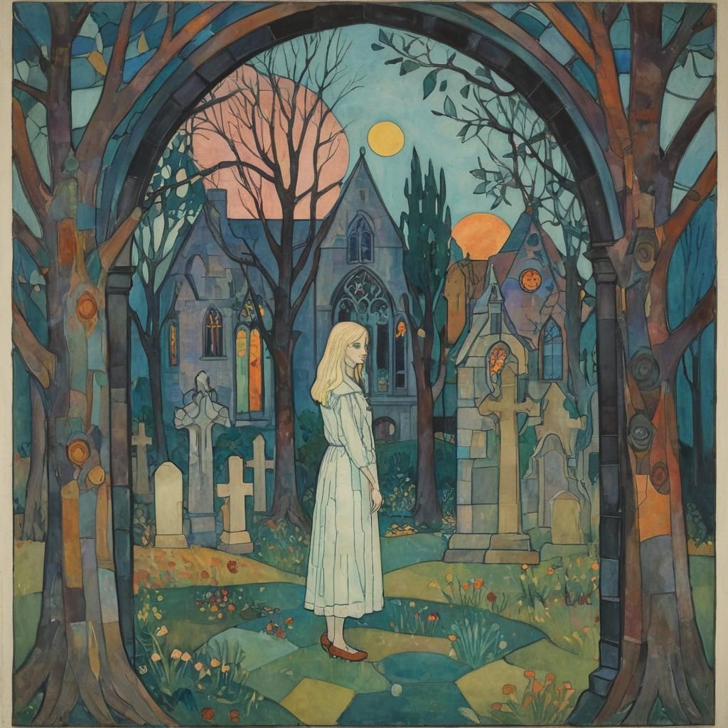 Ethereal Girl in Window, Haunted by Graveyard Shadows