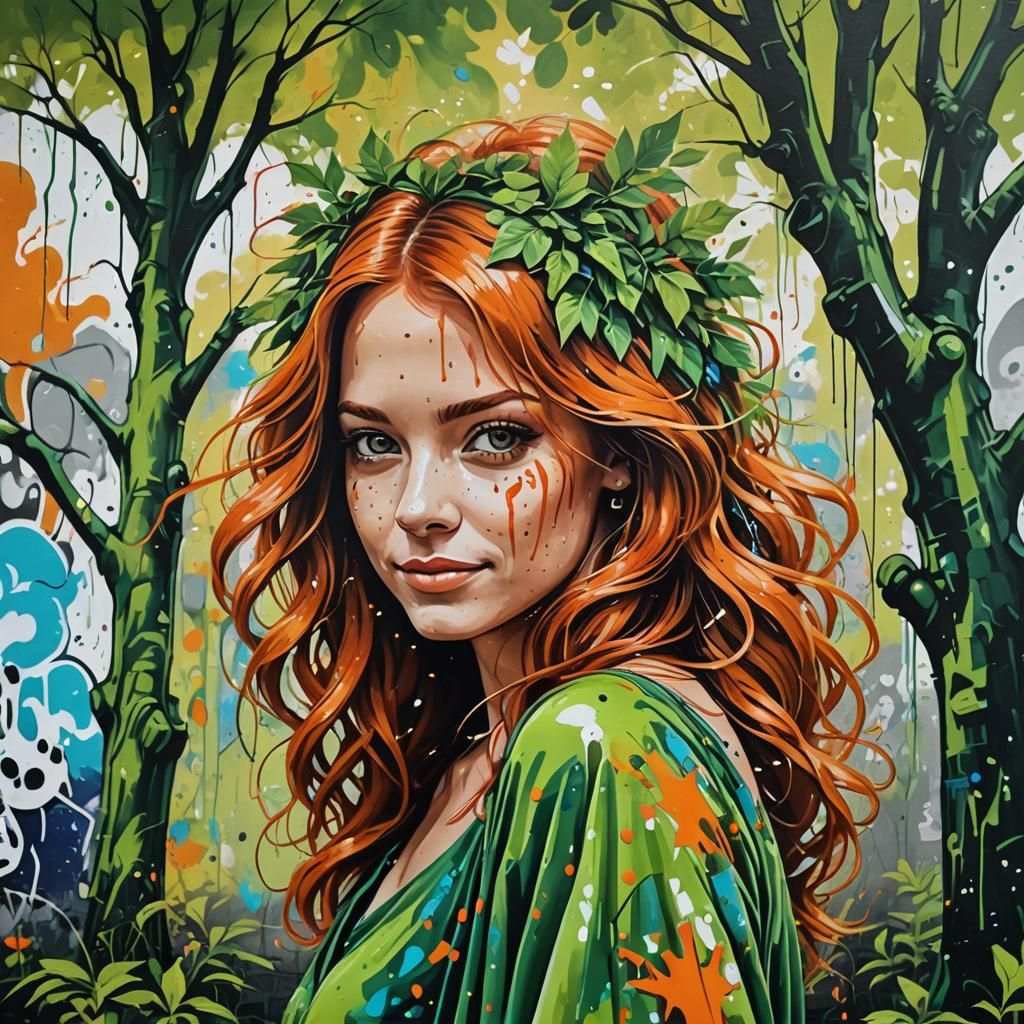 Beautiful Woman in Park: Graffiti Splash Art