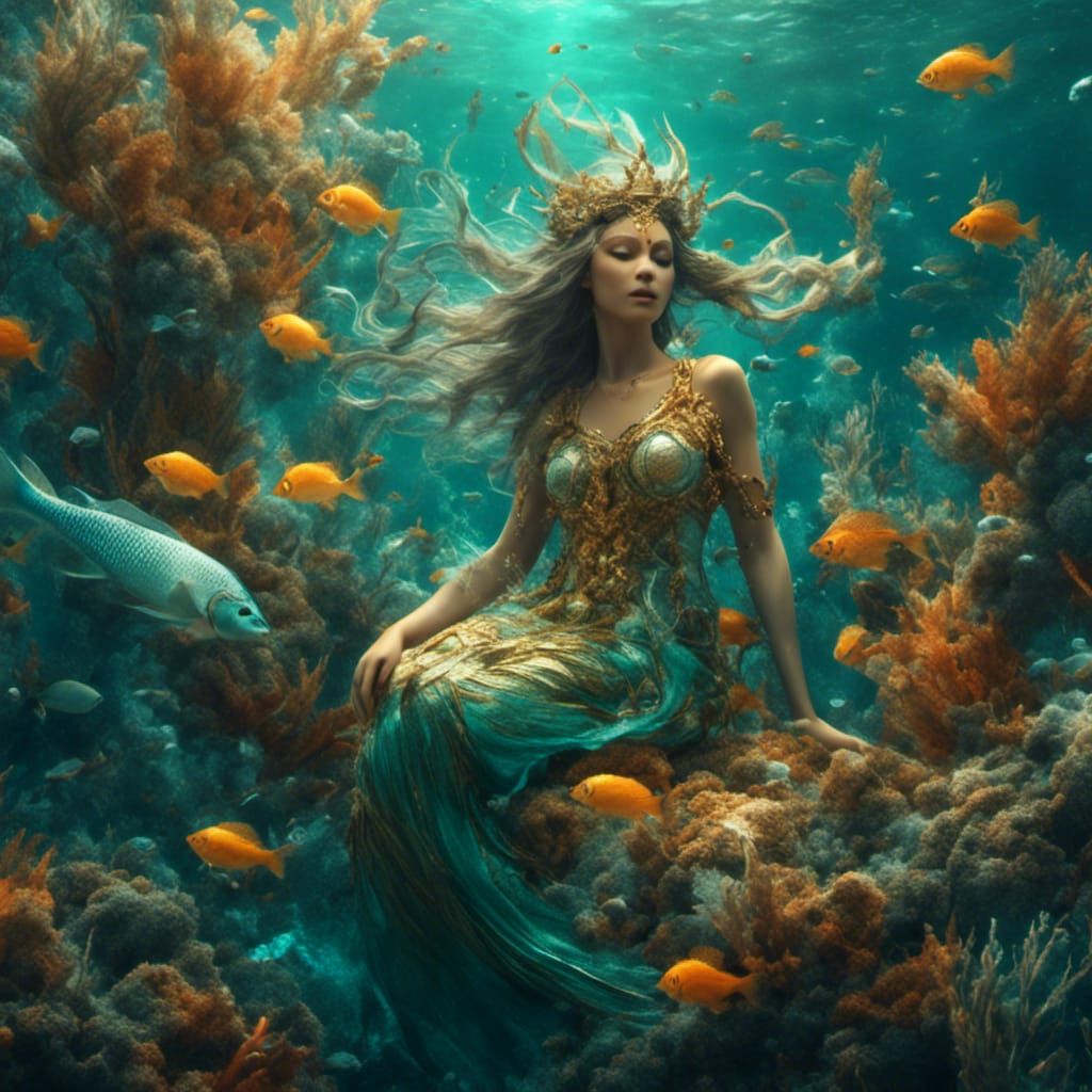 Poseidon and Nymphs in Hyperrealistic Underwater Scene