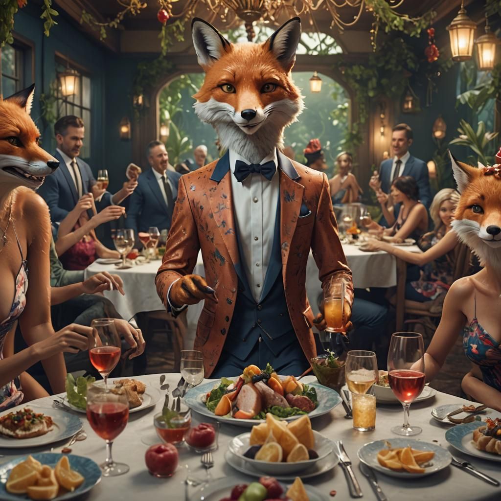 Fox at Dinner Party: Detailed Matte Painting