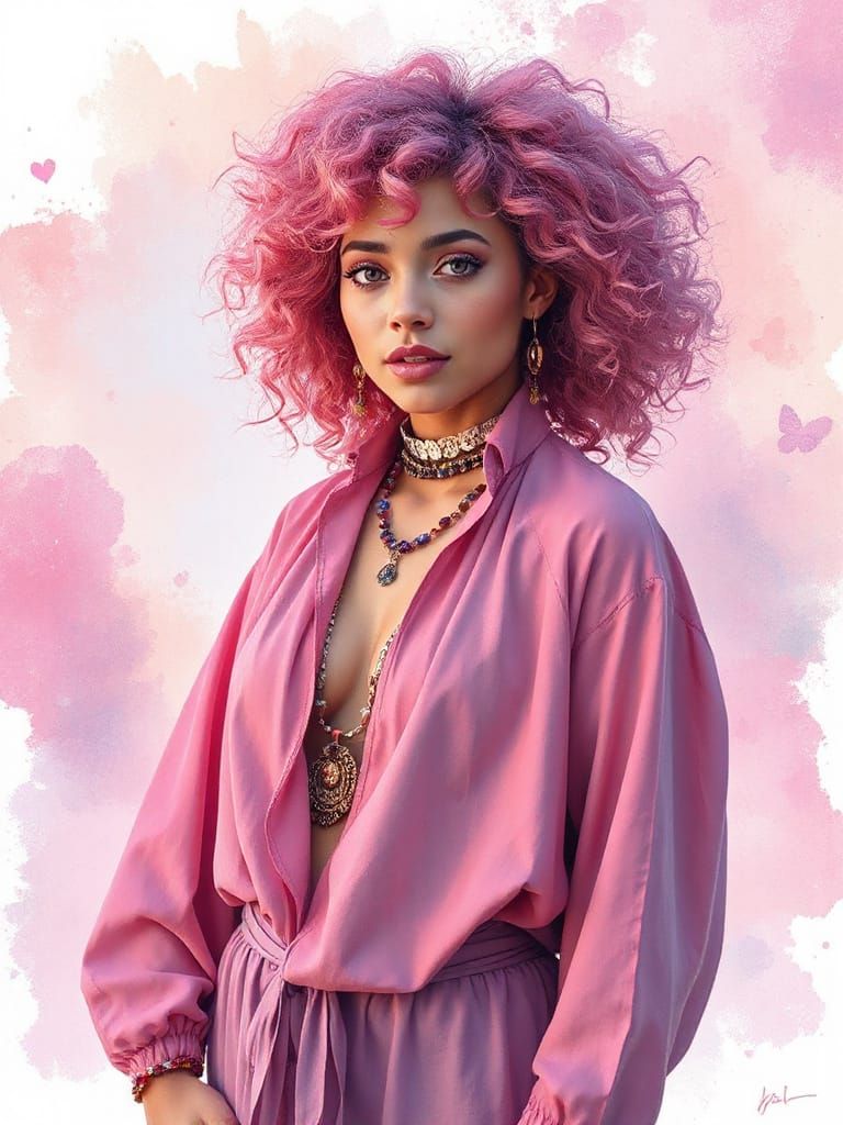 Bohemian Woman with Pink and Violet Hair, Digital Art