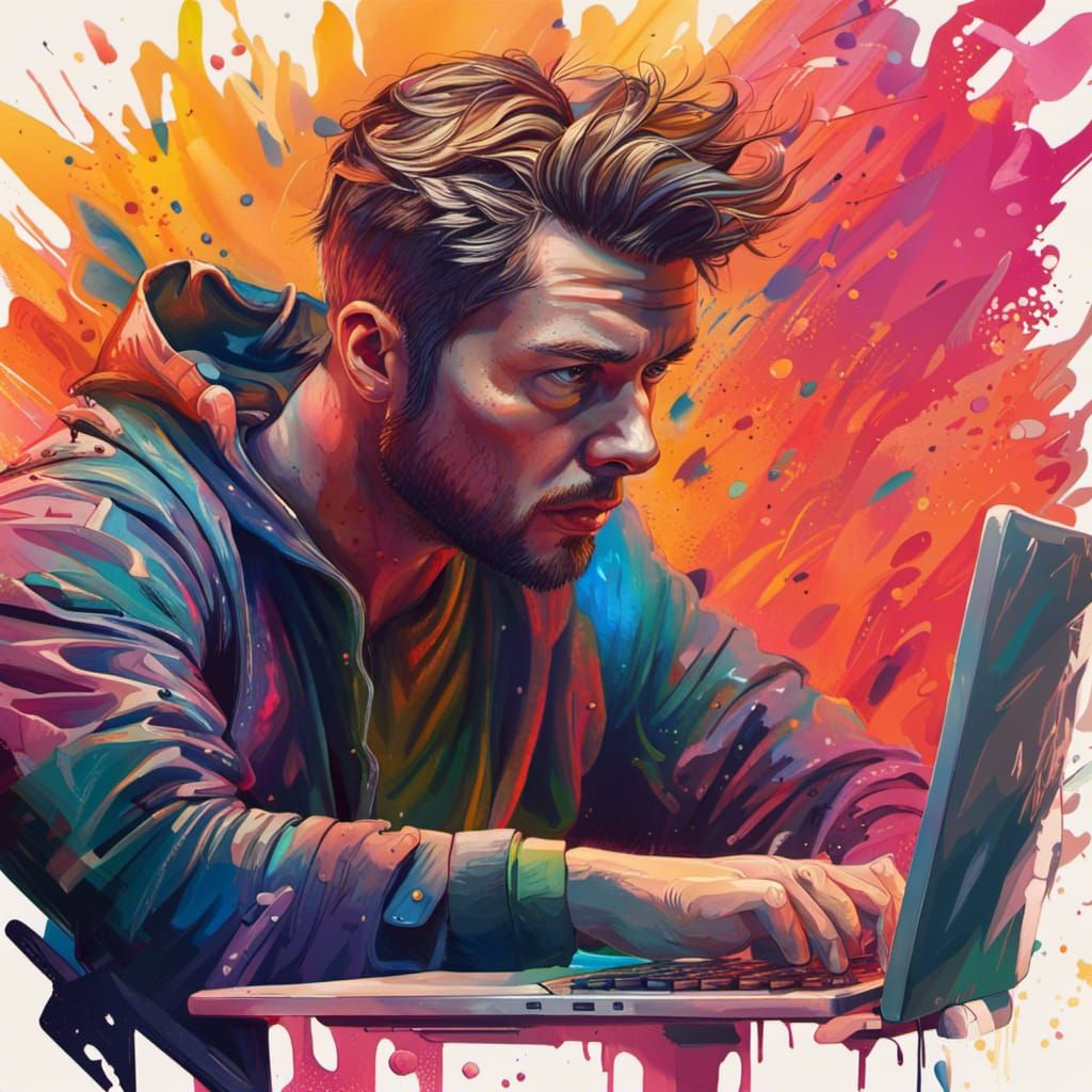 Hyperrealistic Struggling Man at Computer