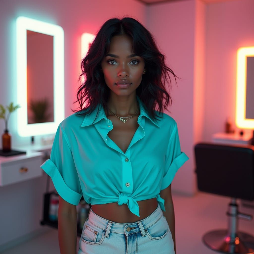 Futuristic Beauty: Woman in Neon Salon, Digital Painting