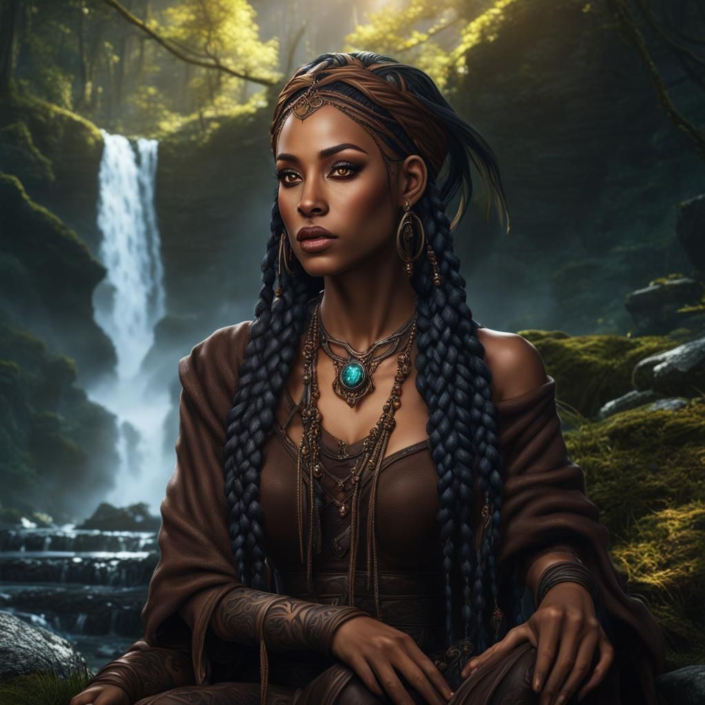 Biracial Witch by Waterfall: Fantasy Concept Art