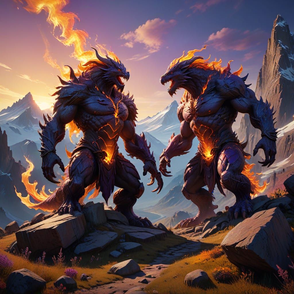 Mythical Giants Engage in Epic Battle in a Fiery, Icy Landsc...