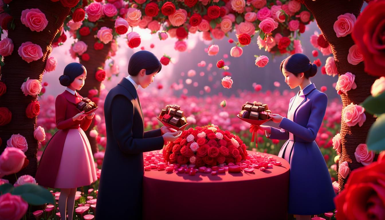 Romantic Gift Exchange in Spring, Magic Realism Style