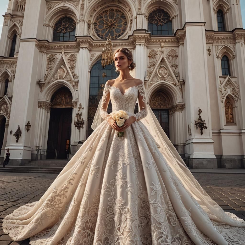 Russian Bride in Elegant Gown at Historic Cathedral