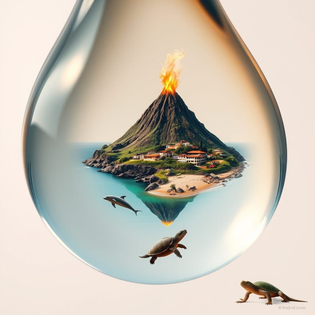 Glistening Water Droplet Teeming with Life and Vibrant Lands...