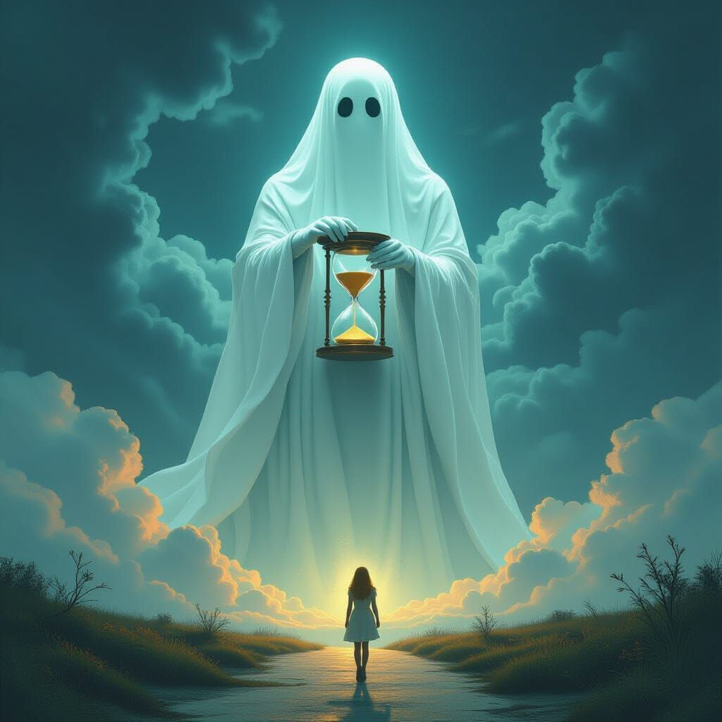 A huge white ghost holding an hourglass