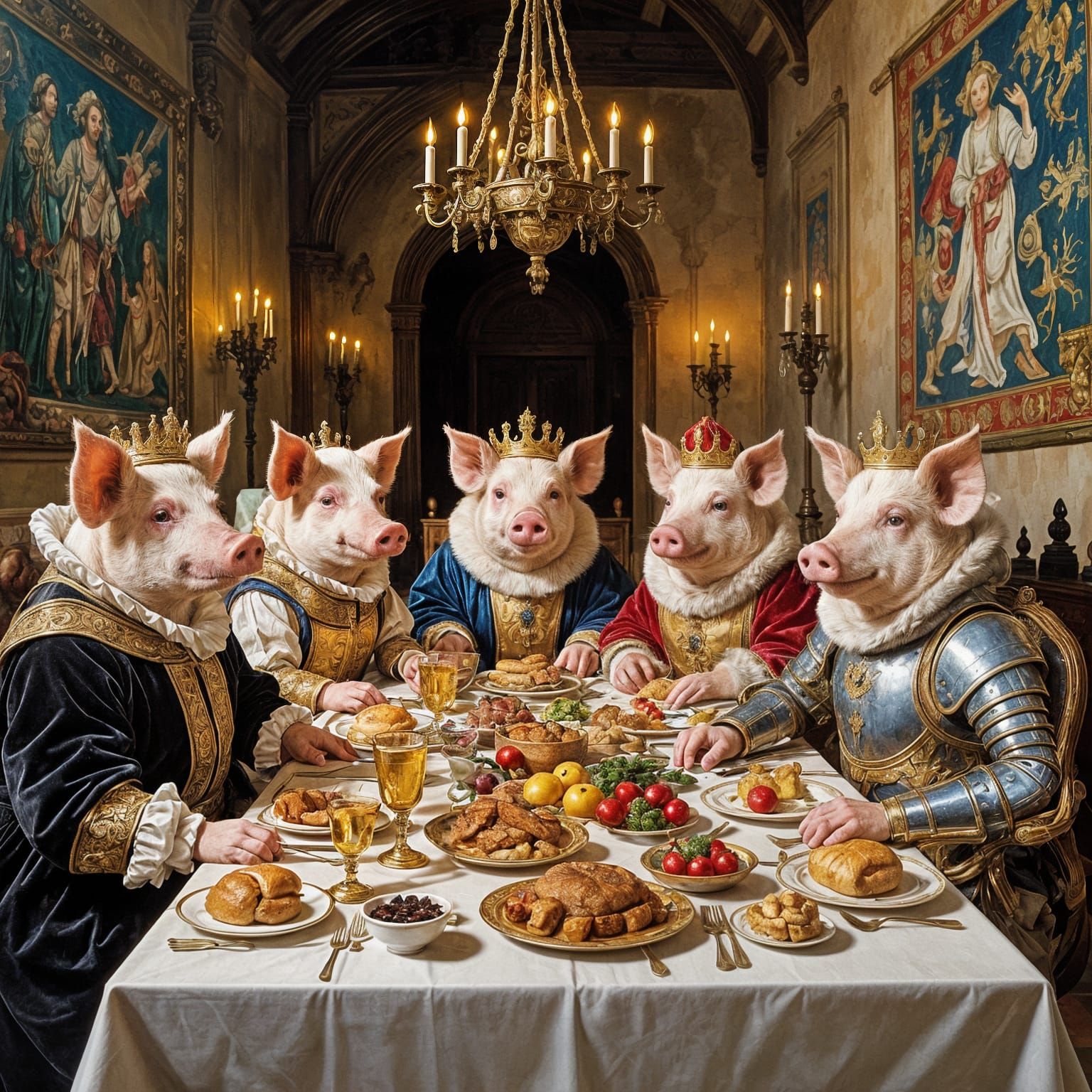 Pigs in Medieval Feast Attire, Van Gogh Style
