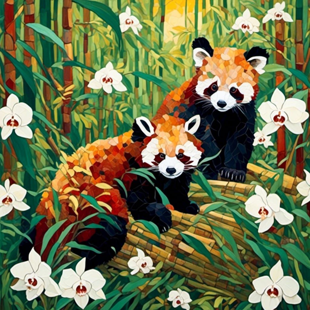 Red Pandas in Orchids, Post-Impressionist Style