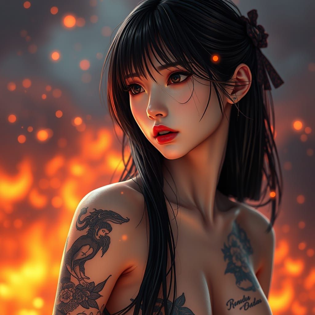 Surreal Goddess Rises from Fiery Ashes in Hyperrealistic Cyb...
