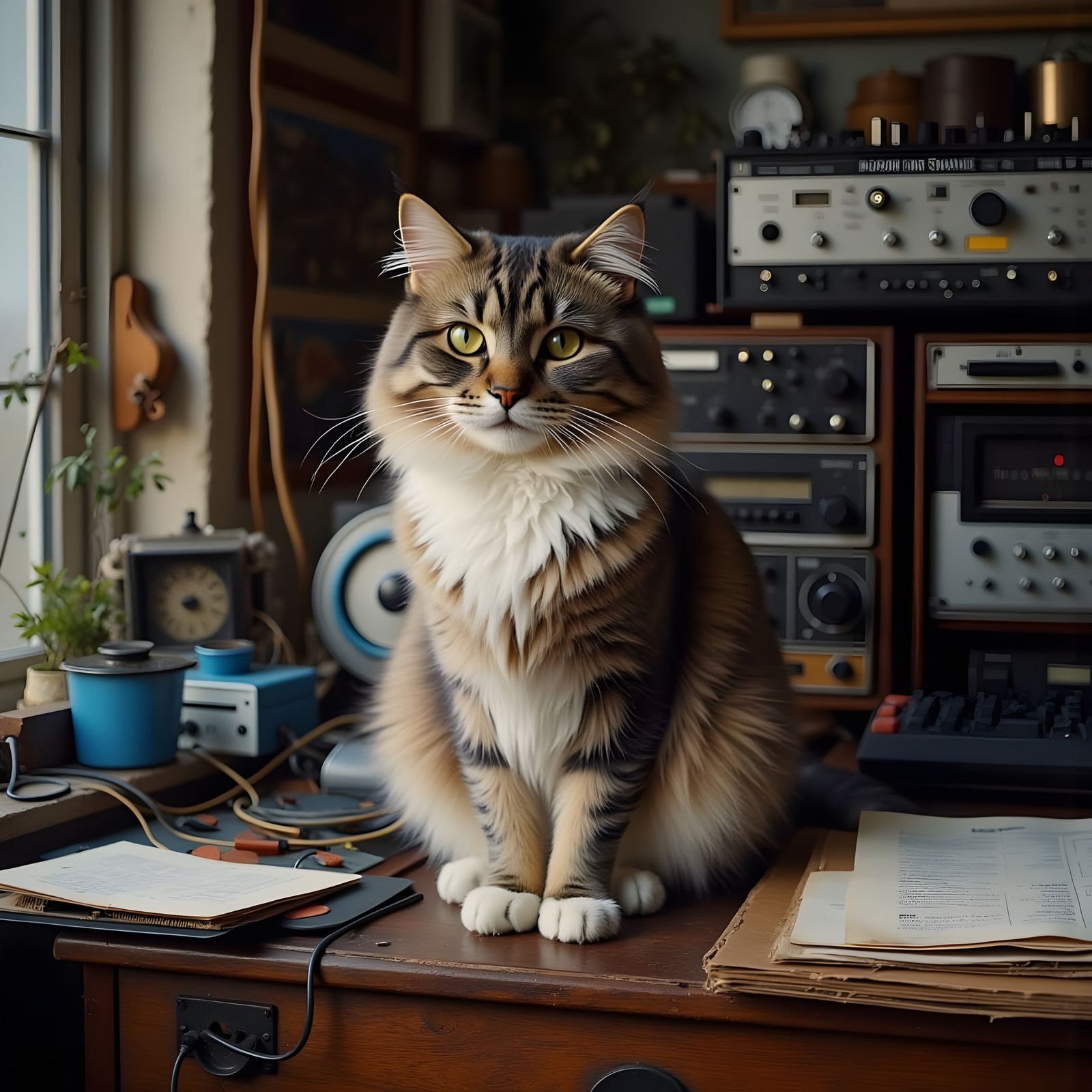 Vintage-Style Cat Surrounded by Retro Electronics