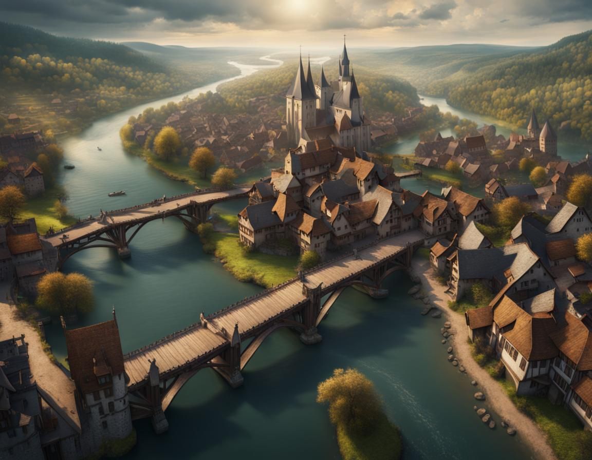 Aerial View of Medieval Town with River Bridge