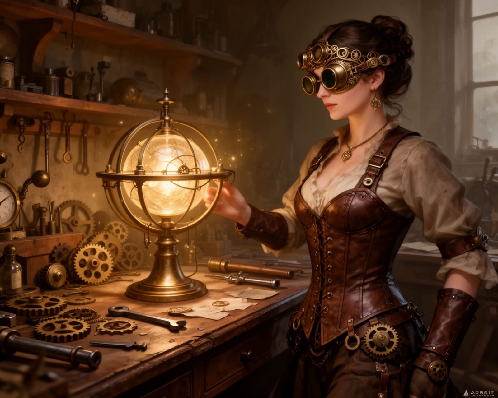 Steampunk Lady Calibrates Glowing Device in Victorian Worksh...