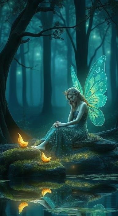 Enchanted Fairy Princess Contemplating in Forest