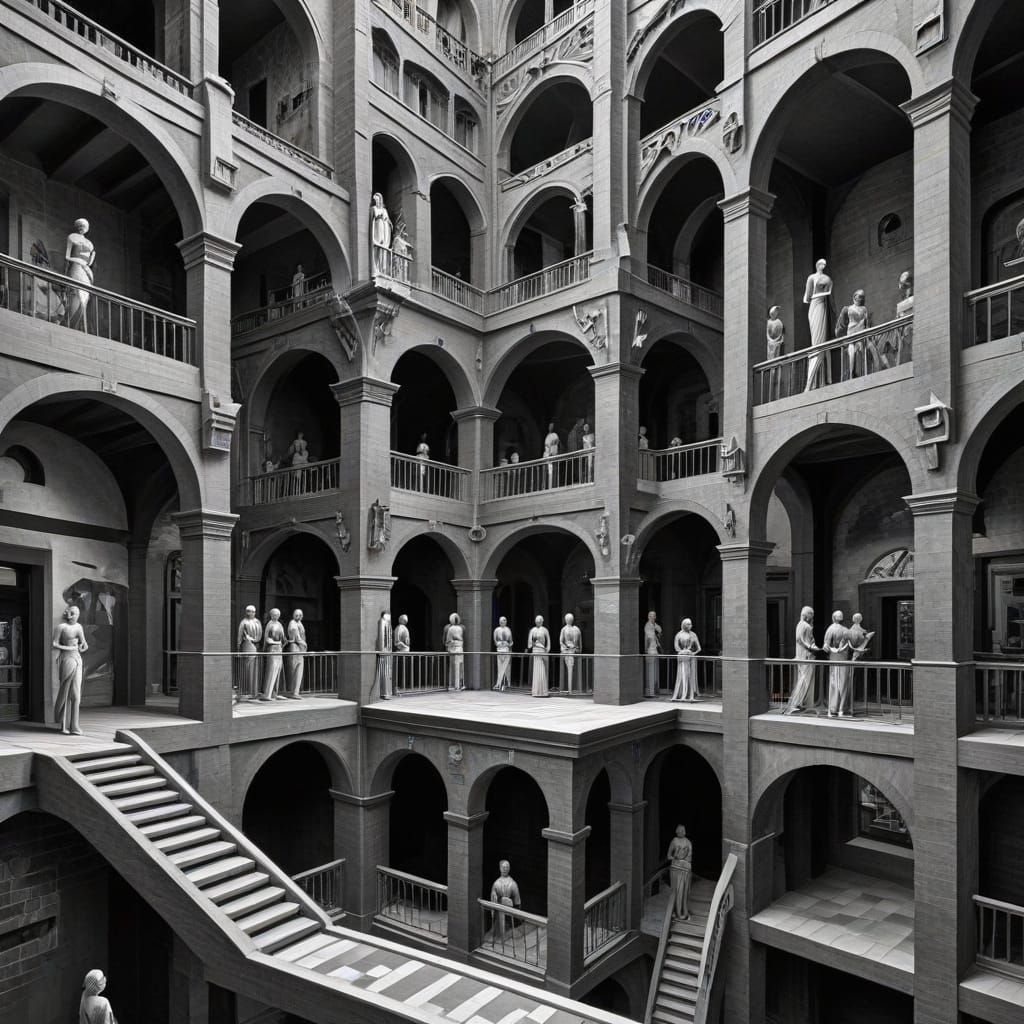 M.C. Escher Style Architecture with Figures
