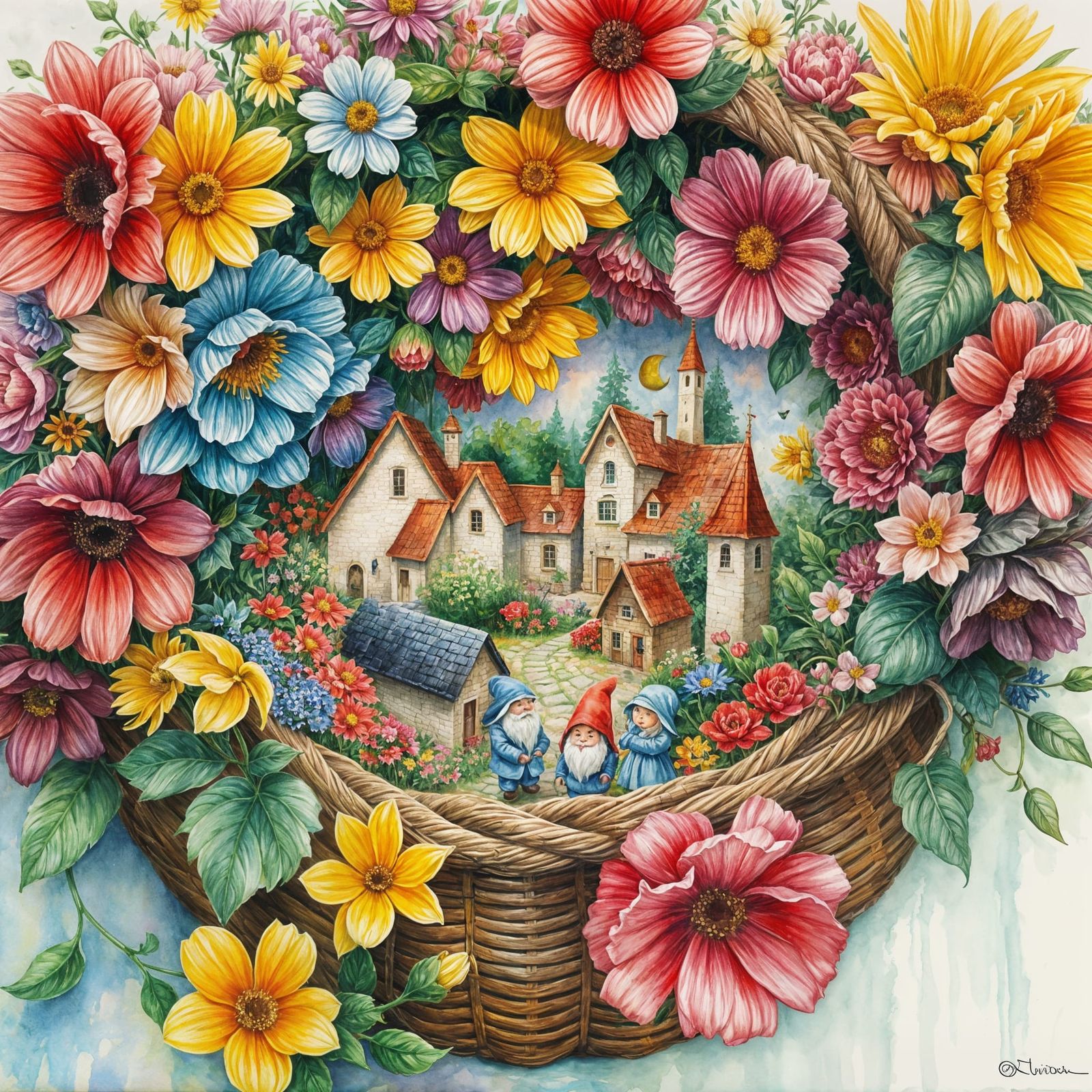 Gnome Village in Flower Basket, Impressionist Gouache Painti...