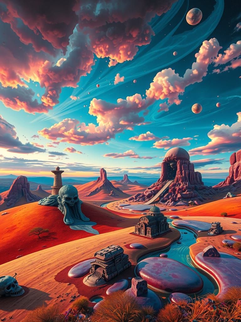 Surrealistic Landscape with Vibrant Colors and Distorted Pro...