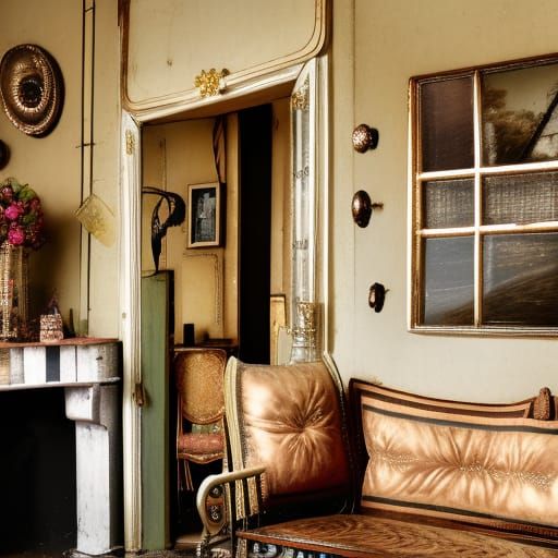 Victorian Parlor with Grand Settee Amidst Clutter