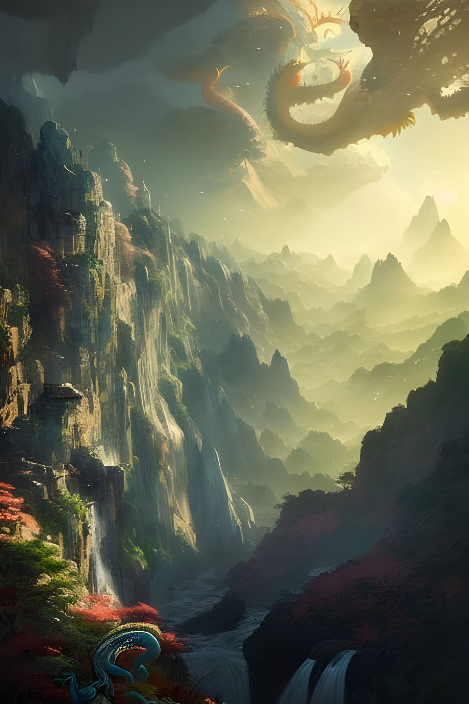 Intricate Cliffs, Bridges, and Distant Dragon in Digital Art