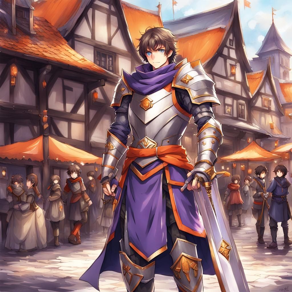 Fantasy Lord in Medieval Town Square, Anime Style
