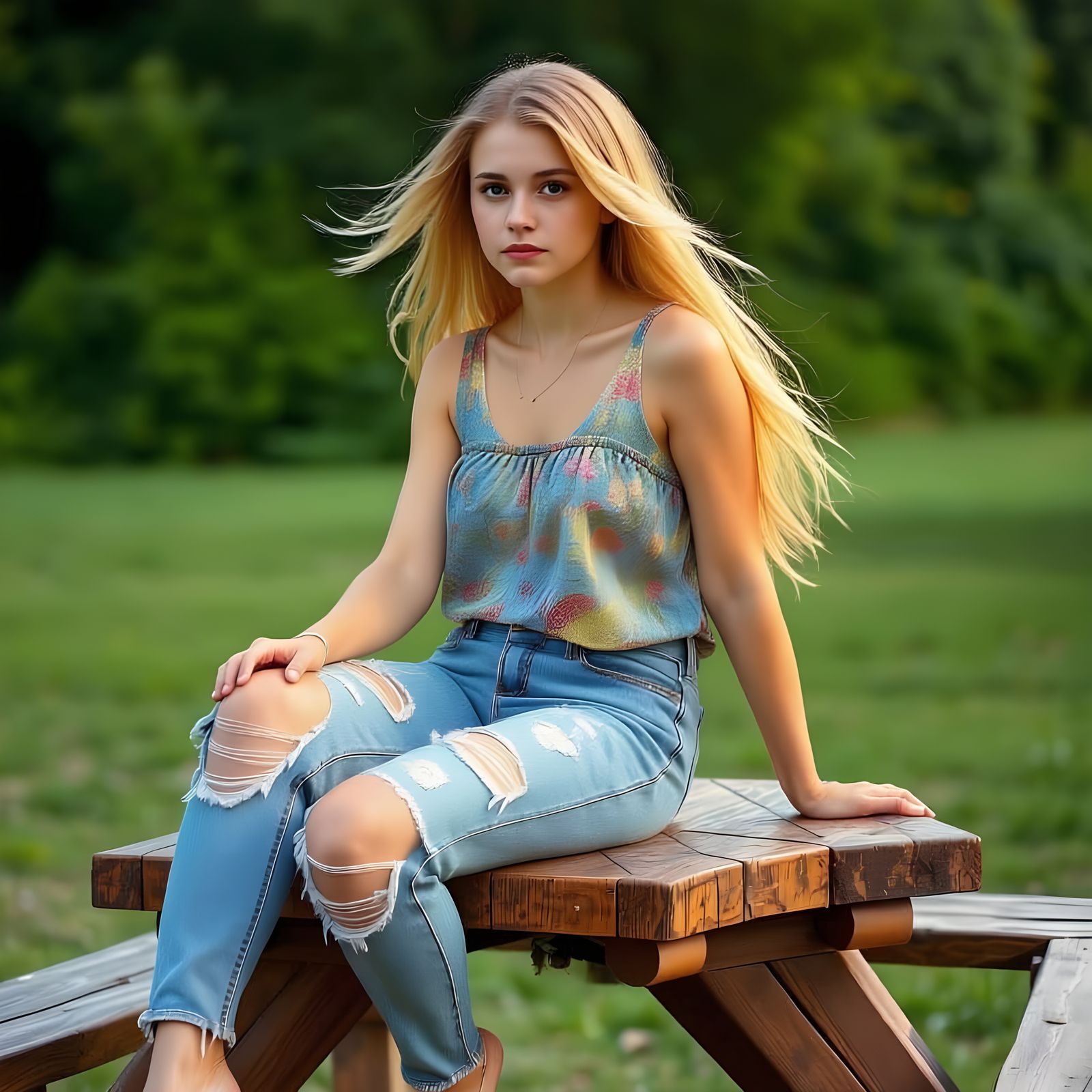 Young Woman with Blonde Hair in Summer Breeze