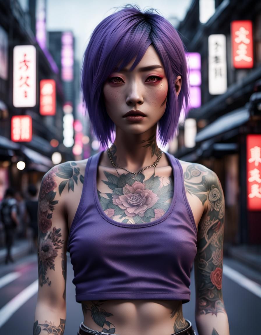 Emo Japanese Model with Tattoos in Tokyo: 8K Hyperrealism