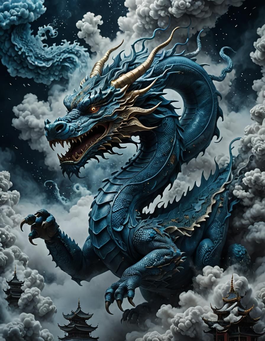 Detailed Asian Dragon Floating in Cloudy Sky