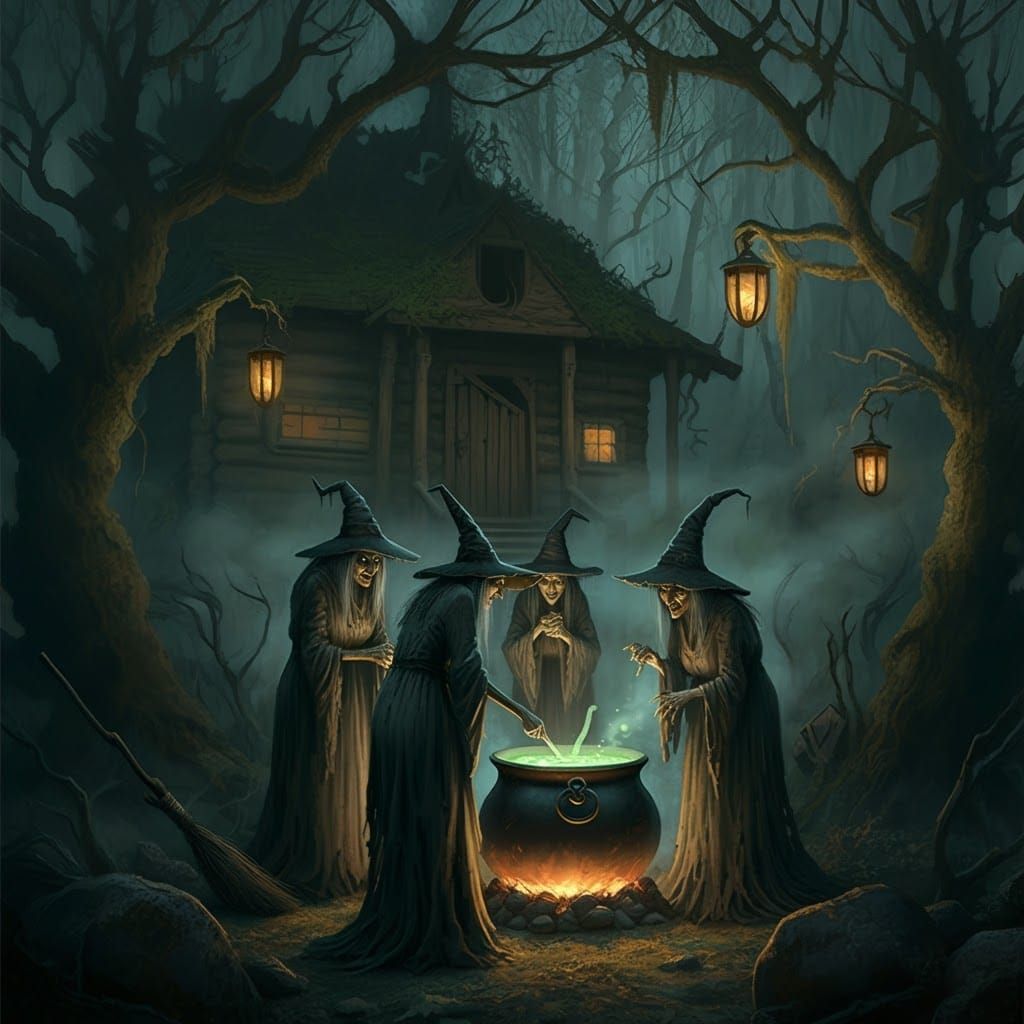 Witches Brewing Potion in Dark Forest, Etching Style