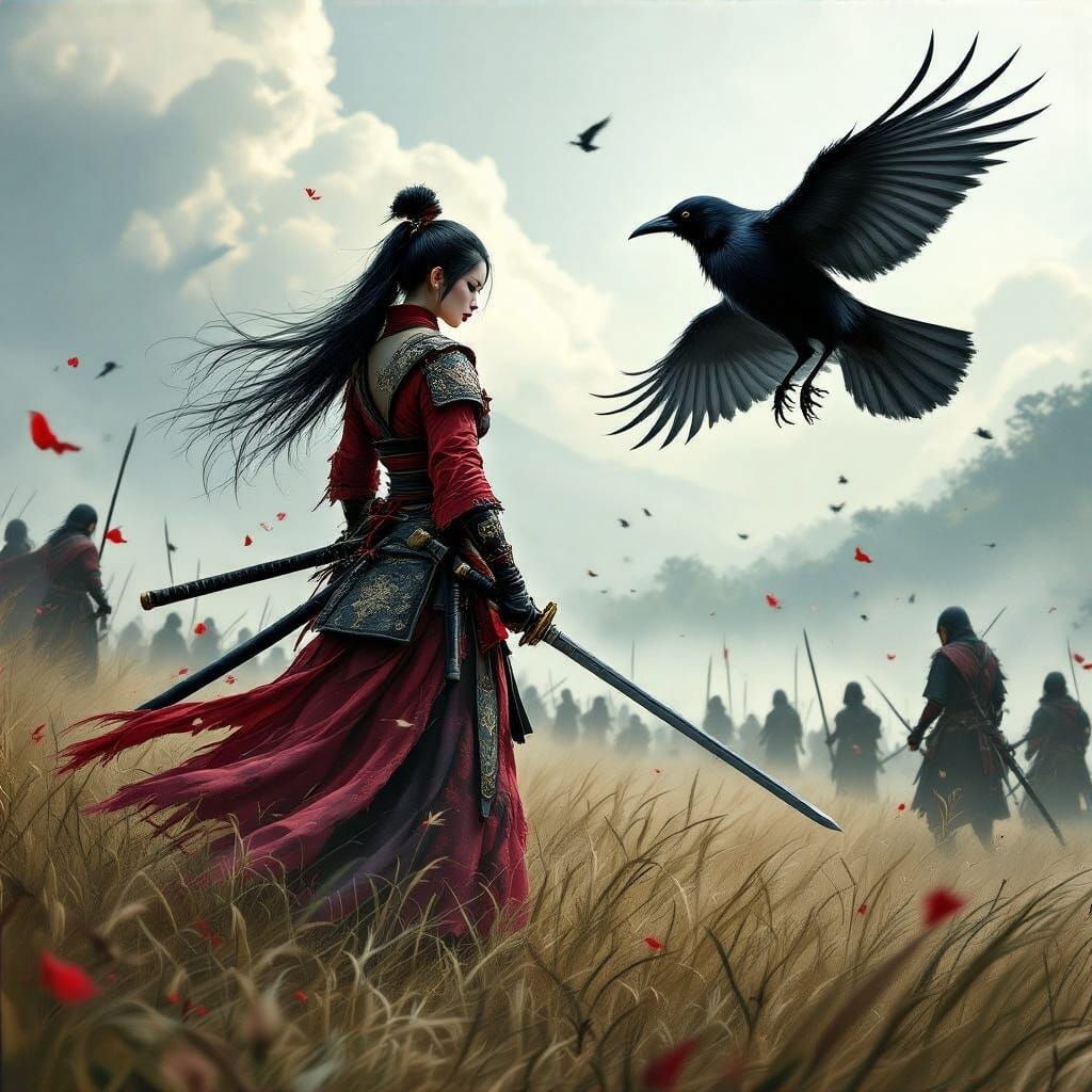 Epic Fantasy Battle Scene with Samurai Woman and Majestic Cr...