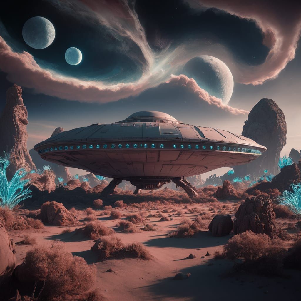 Saucer Craft Amidst Alien Bioluminescent Landscape