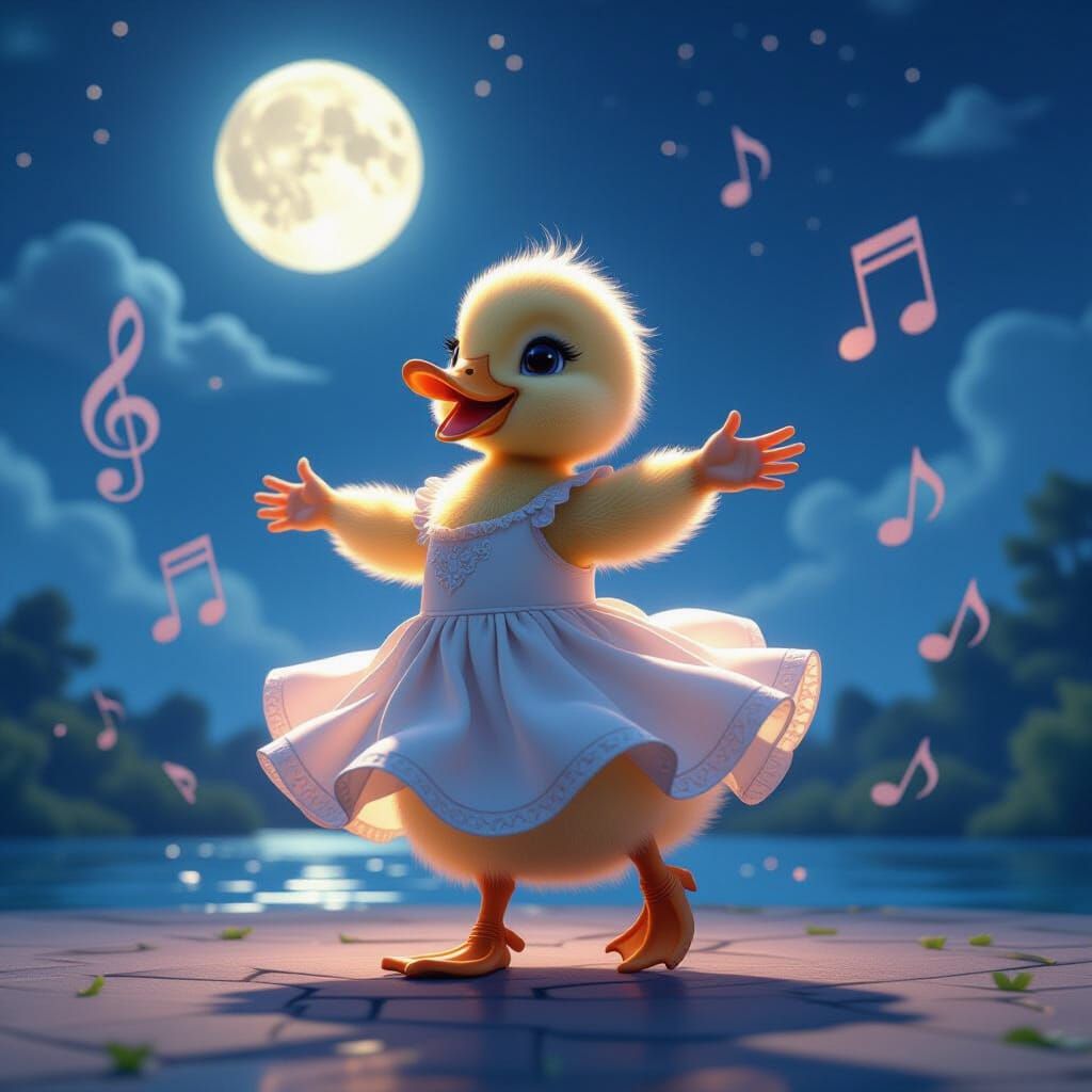 Duckling's Moonlit Dance: 3D Rendered Fantasy