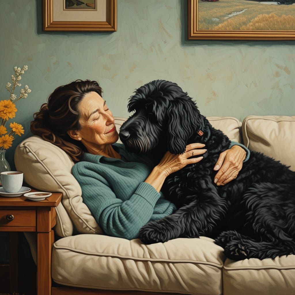 Cozy Oil Painting of Woman and Dog on Sofa