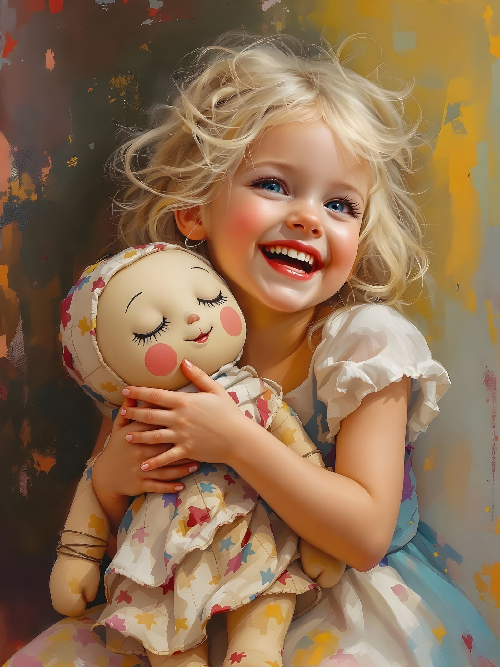 Expressive Painting of Girl Laughing with Handmade Doll